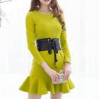Crew-neck Ruffle Hem Long-sleeve Dress