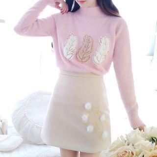 Mock-neck Leaf Embroidered Sweater / Floral Embroidered A-line Skirt / Set