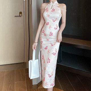 Sleeveless Beaded Floral Print Midi Mermaid Qipao Dress