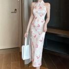 Sleeveless Beaded Floral Print Midi Mermaid Qipao Dress