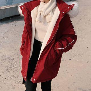 Fleece Lined Faux Fur Trim Long Jacket