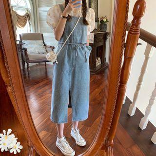 Puff-sleeve Floral Top / Denim A-line Midi Pinafore Dress