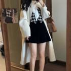 Long-sleeve Tie-waist Woolen Coat / Houndstooth Vest / Long-sleeve Tie-neck Shirt / Plain A-line Mini Skirt
