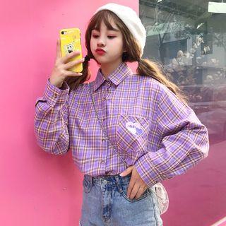 Plaid Embroidered Long-sleeved Shirt Purple - One Size