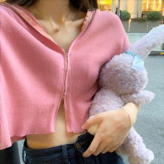 Short-sleeve Plain Zipper Knit Hooded Top
