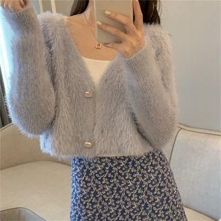 Plain Cropped Knit Cardigan Grayish Blue - One Size