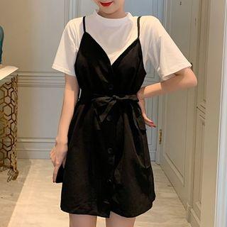 Short-sleeve Plain T-shirt / Spaghetti-strap Drawstring Waist Dress