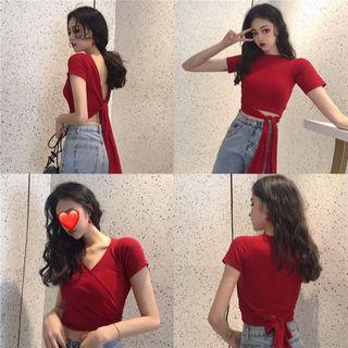 Tie-hem Crop T-shirt Red - One Size