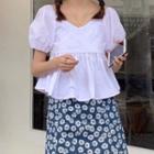 Puff-sleeve V-neck Crop Top / Floral Print A-line Mini Skirt