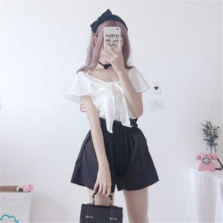 Bow Short-sleeve Chiffon Top White - One Size