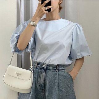Puff-sleeve Round Neck Plain Shirt