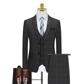 Set: Plaid Single-breasted Blazer + Vest + Straight Leg Dress Pants