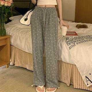 High-waist Smiley Face Print Drawstring Pants