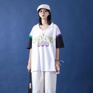 Collared Lettering Elbow-sleeve T-shirt White - One Size