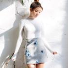 Flower-embroidered Wool Blend A-line Mini Skirt