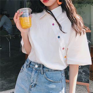 Elbow-sleeve Asymmetric Polo Shirt