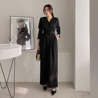 Notch-lapel Stripe Wrap Jumpsuit With Belt