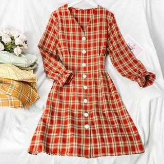 Tie-waist Plaid V-neck Shirtdress