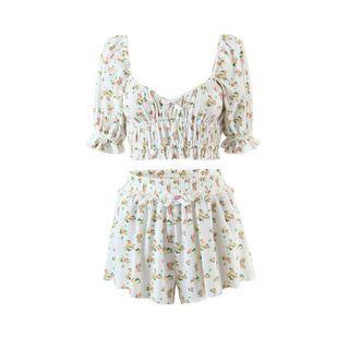 Elbow-sleeve Floral Top / Shorts