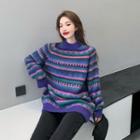 Crewneck Striped Color-block Sweater As Shown In Figure - One Size