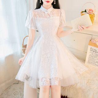 Short-sleeve Stand Collar Embroidered Mesh Panel A-line Dress