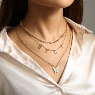 Butterfly Letter Pendant Layered Necklace 1 Pc - Nz949 - Butterfly Letter Pendant Layered Necklace - Gold - One Size