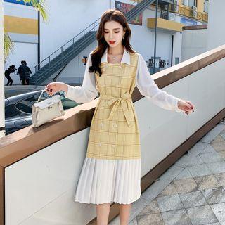 Plaid Panel Long-sleeve Midi Collared Dress