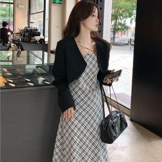 Spaghetti Strap Plaid Midi Dress / Collarless Cropped Blazer