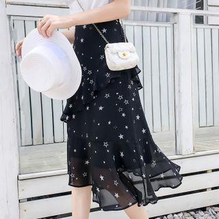 Short-sleeve Top / Print Midi A-line Skirt