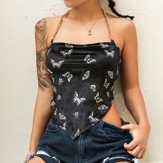 Chain-strap Butterfly Print Velvet Top