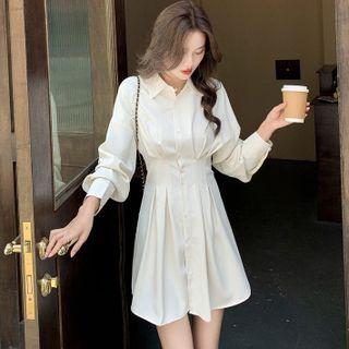 Long Sleeve Plain Pleated Shirtdress