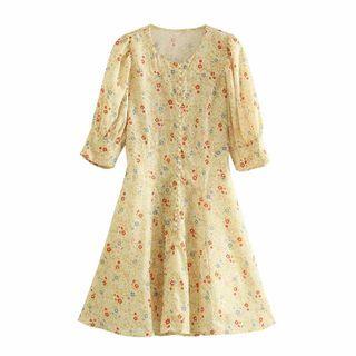 Short-sleeve Floral Print Button Front Mini A-line Dress