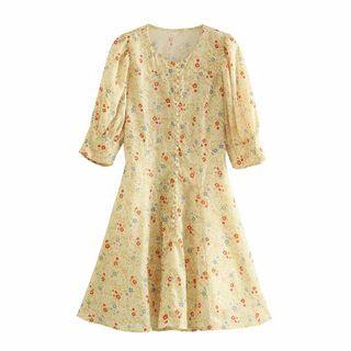 Short-sleeve Floral Print Button Front Mini A-line Dress