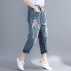 Flower Embroidered Loose Fit Jeans