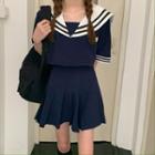 Set: Sailor Collar Short-sleeve Top + A-line Skirt