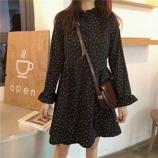 Dot Ruffle Long-sleeve Dress Black - One Size