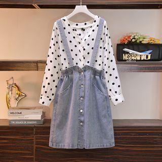 Long-sleeve Dotted V-neck Blouse / Denim A-line Suspender Skirt