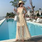 Strappy Feathered Mesh A-line Maxi Dress