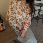 Long-sleeve Floral Print Shirt Orange Rose - White - One Size