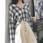 Color-block Plaid V-neck Long-sleeve Blouse As Shown In Figure - One Size