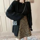 Leopard Print A-line Mini Skirt / Long-sleeve T-shirt / Cardigan