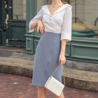 Elbow-sleeve V-neck Shirt / Plain Skirt