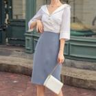 Elbow-sleeve V-neck Shirt / Plain Skirt