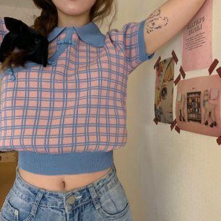 Plaid Polo Short-sleeve Knit Top