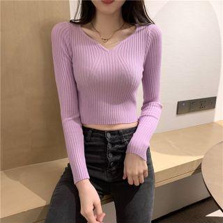 Long-sleeve V-neck Plain Slim Fit Cropped Cardigan