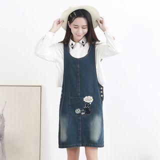 Cat Embroidered Denim Pinafore Dress