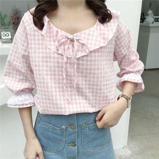 Lace Trim Plaid Elbow Sleeve Shirt