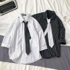 3/4-sleeve Tie-neck Striped Shirt