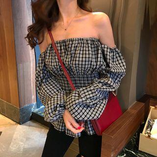 Check Off-shoulder Long-sleeve Blouse As Figure - One Size