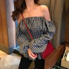 Check Off-shoulder Long-sleeve Blouse As Figure - One Size